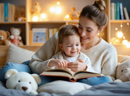 A parent reading a bedtime story to their child in a warmly lit, cozy bedroom, depicting a sense of security and routine.