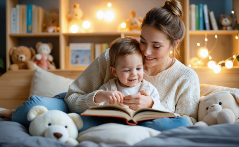 A parent reading a bedtime story to their child in a warmly lit, cozy bedroom, depicting a sense of security and routine.