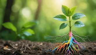 Artistic representation of a young plant with roots intertwined with colorful neural pathways, symbolizing the growth and development of a child's mind through early mental health support.