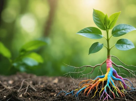 Artistic representation of a young plant with roots intertwined with colorful neural pathways, symbolizing the growth and development of a child's mind through early mental health support.