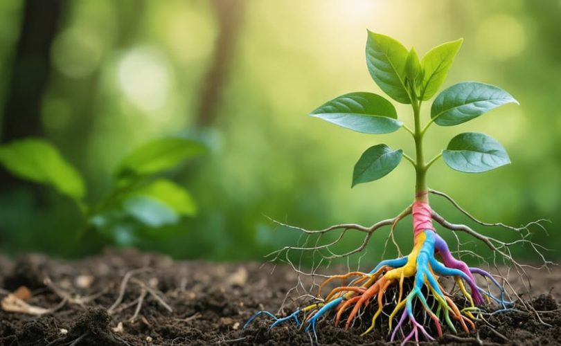 Artistic representation of a young plant with roots intertwined with colorful neural pathways, symbolizing the growth and development of a child's mind through early mental health support.