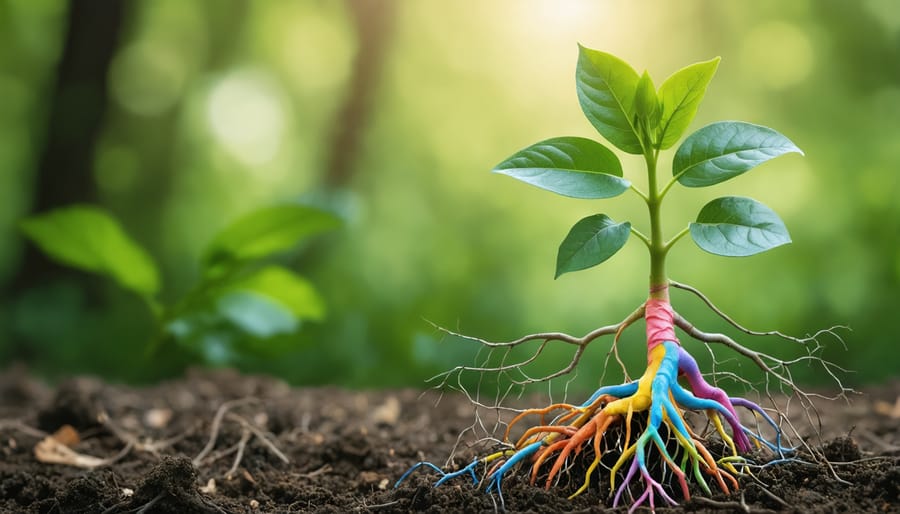 Artistic representation of a young plant with roots intertwined with colorful neural pathways, symbolizing the growth and development of a child's mind through early mental health support.