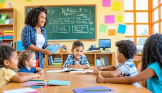 Diverse group of students and a teacher in a modern, welcoming classroom setting, actively participating in group work, showcasing positive interactions and a supportive learning atmosphere.