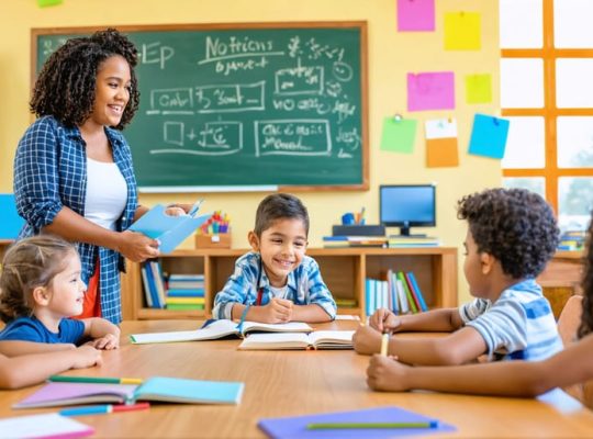 Diverse group of students and a teacher in a modern, welcoming classroom setting, actively participating in group work, showcasing positive interactions and a supportive learning atmosphere.