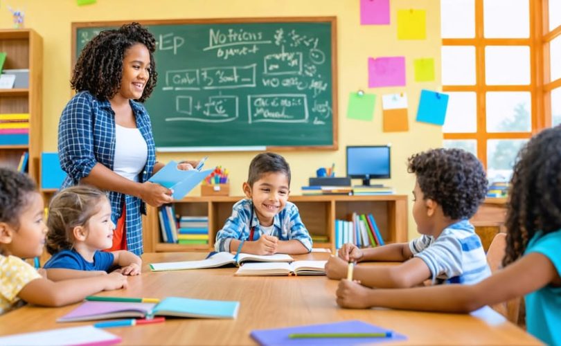 Diverse group of students and a teacher in a modern, welcoming classroom setting, actively participating in group work, showcasing positive interactions and a supportive learning atmosphere.