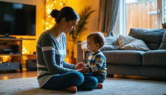 A parent actively listening to their child in a cozy living room, demonstrating engaged communication and creating a nurturing environment for emotional well-being.