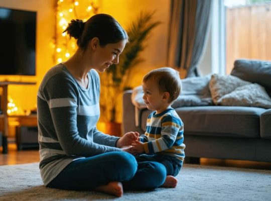 A parent actively listening to their child in a cozy living room, demonstrating engaged communication and creating a nurturing environment for emotional well-being.