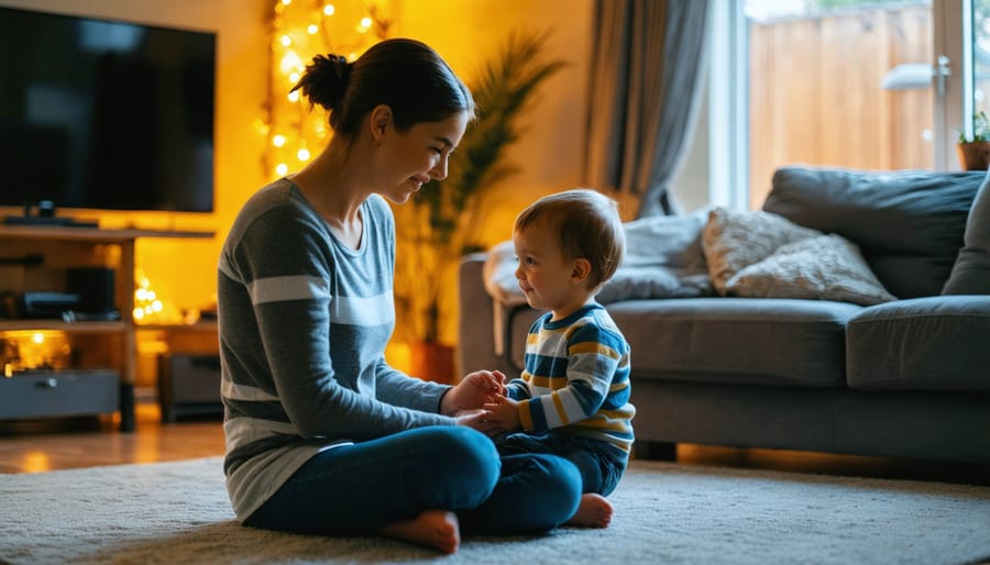 A parent actively listening to their child in a cozy living room, demonstrating engaged communication and creating a nurturing environment for emotional well-being.