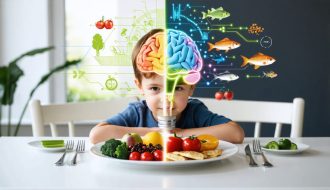 A conceptual image of a child at a table with a split plate showing colorful nutritious foods on one side and an empty side representing nutrient deficiencies, with a glowing bulb above indicating the link between nutrition and mental well-being.