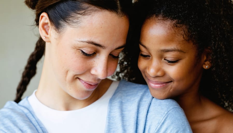 Parent and child sitting together on a couch, having a warm, supportive conversation