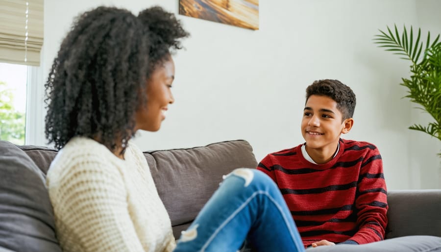 Parent actively listening to teenager during an emotional conversation at home