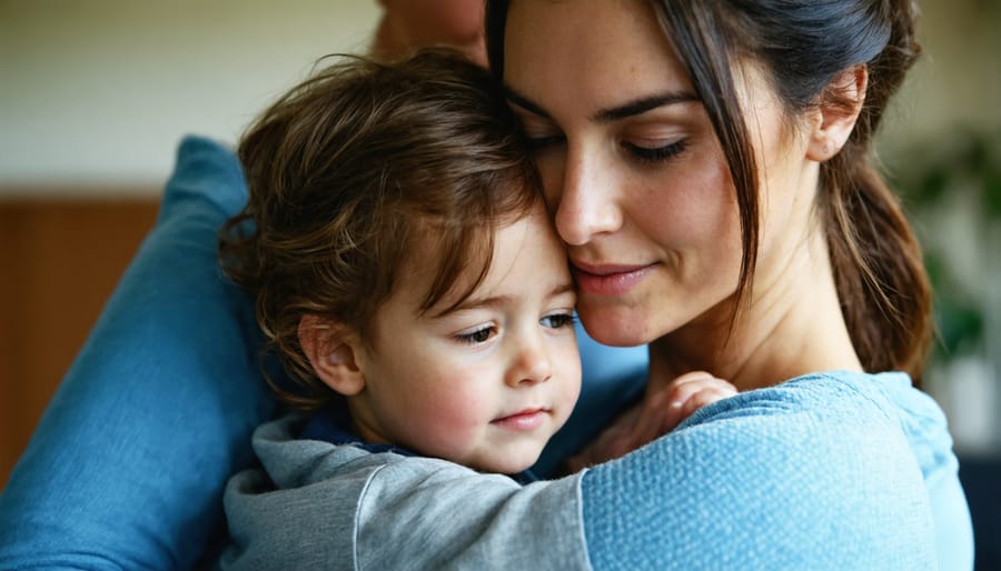 Parent hugging and consoling upset child, demonstrating parental resilience