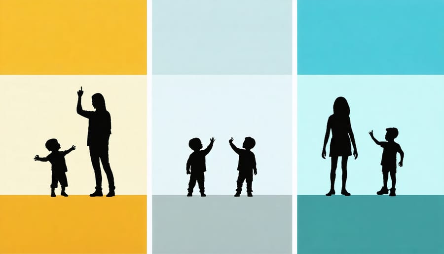 Three panels showing different parent-child interactions: balanced communication, strict rules enforcement, and casual permissive approach