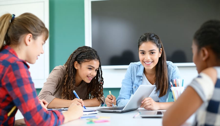 Diverse group of students working together at a round table, displaying positive body language and supportive interactions