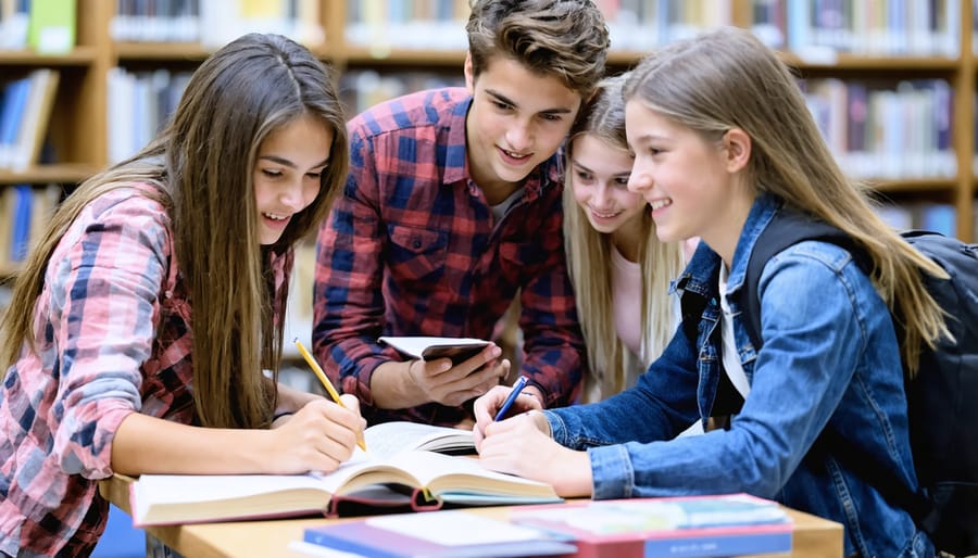 Diverse group of high school students collaborating on homework at a library table