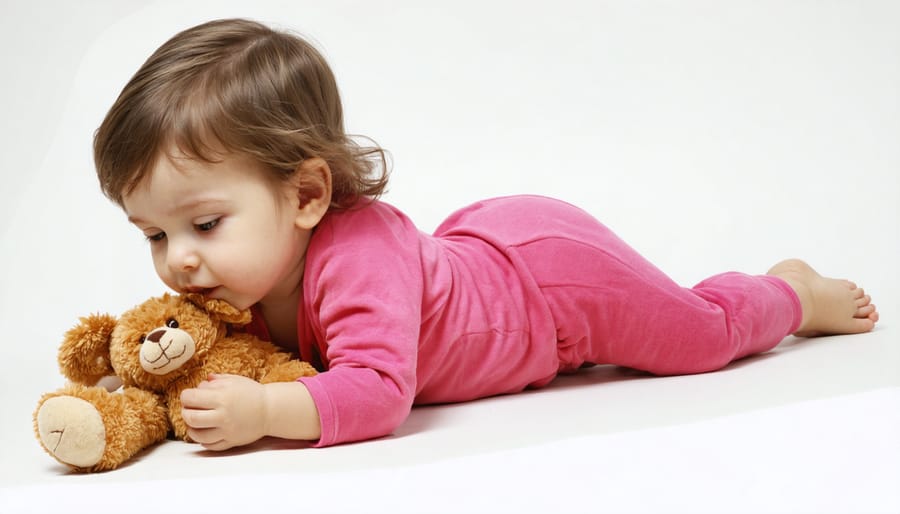 Preschooler doing calm breathing exercise with teddy bear rising and falling on stomach