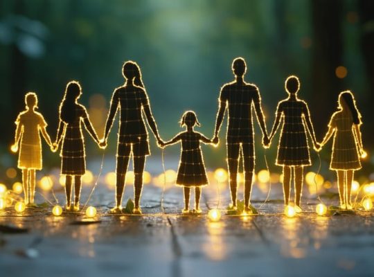 Diverse family members standing in a connected circle, with glowing lines symbolizing protective factors ensuring resilience and strength.