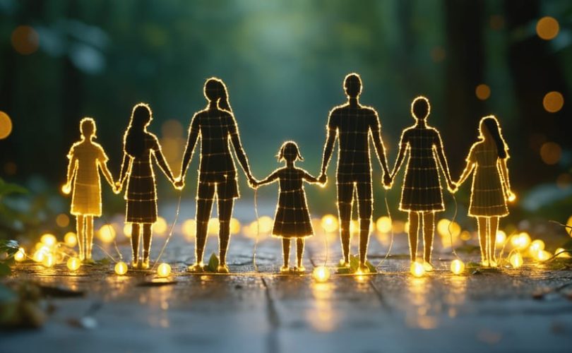 Diverse family members standing in a connected circle, with glowing lines symbolizing protective factors ensuring resilience and strength.