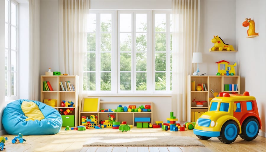 Well-organized playroom with dress-up corner, play kitchen, and puppet theater for role play activities