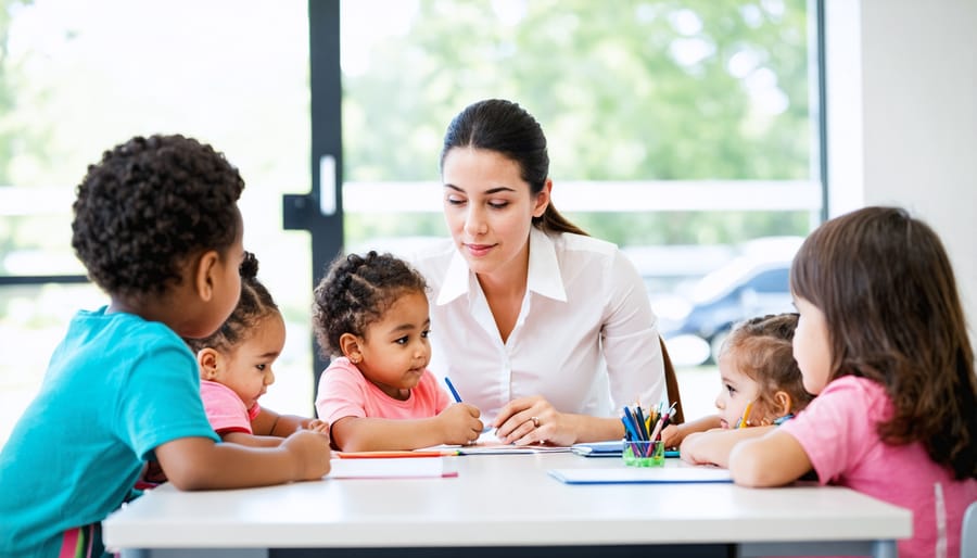 Professional school counselor interacting with students in a supportive environment