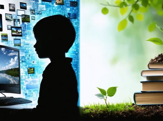 A conceptual image of a child's silhouette split into two contrasting sides: one half showing immersion in digital devices and screens, and the other depicting a serene environment with nature and books, representing the balance between media consumption and mental well-being.