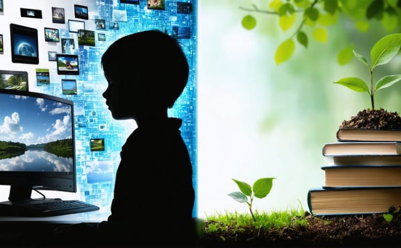 A conceptual image of a child's silhouette split into two contrasting sides: one half showing immersion in digital devices and screens, and the other depicting a serene environment with nature and books, representing the balance between media consumption and mental well-being.