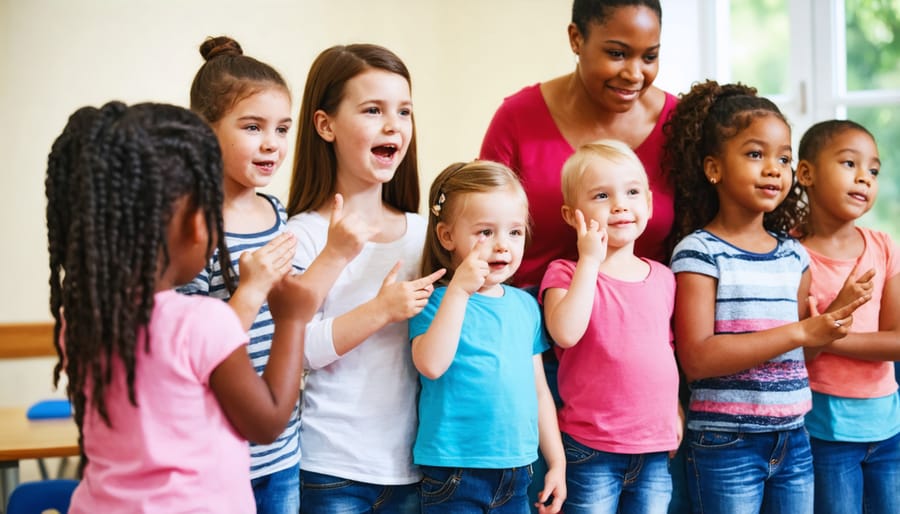 Children and adults practicing sign language with an instructor in an inclusive learning environment