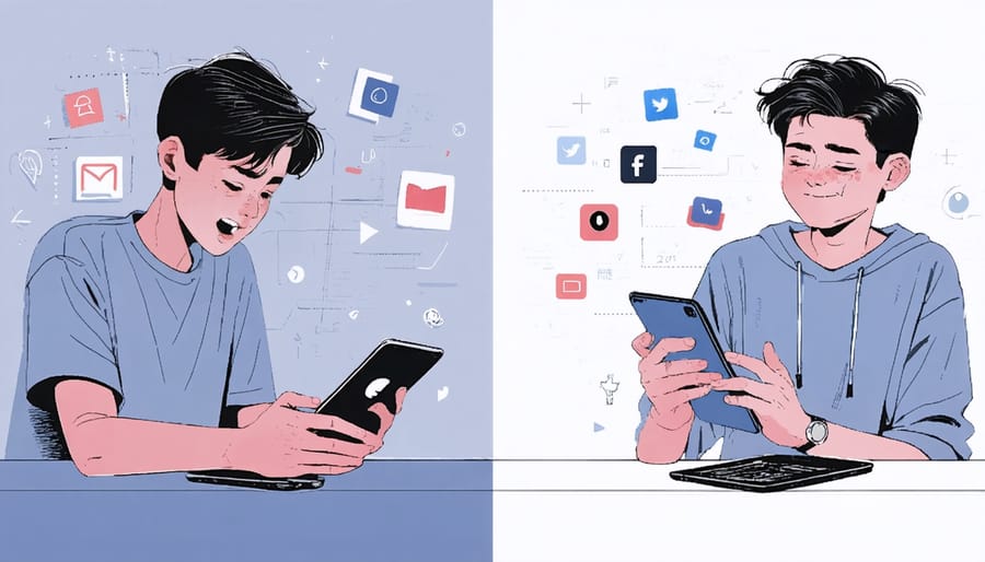 Teen interacting with social media showing contrasting happy and anxious expressions