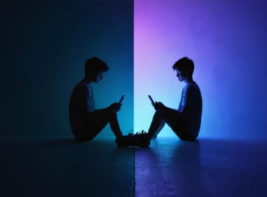 A conceptual illustration showing a teenager lit by smartphone light, with an idealized social media world on one side and their real surroundings on the other.