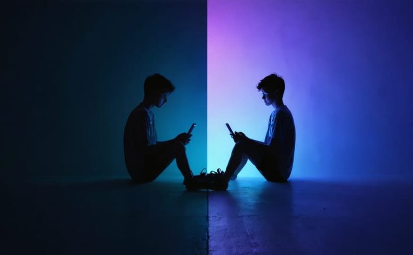 A conceptual illustration showing a teenager lit by smartphone light, with an idealized social media world on one side and their real surroundings on the other.