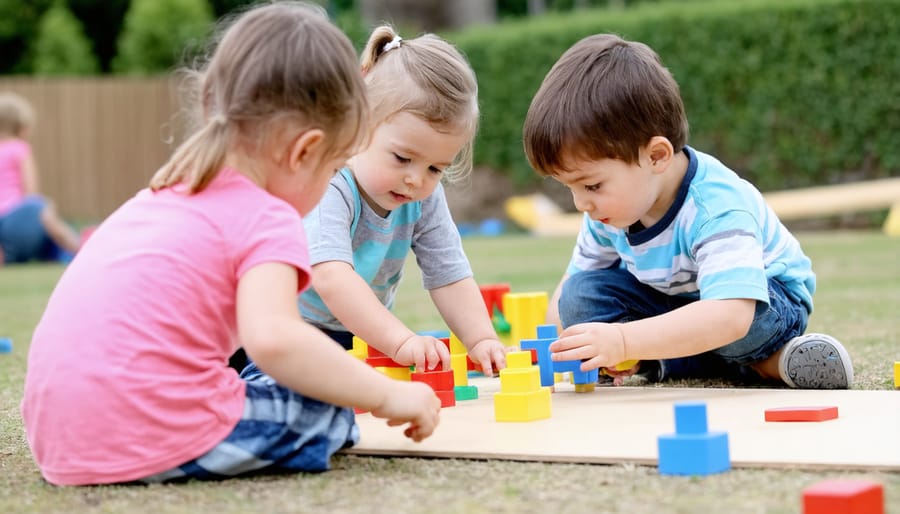 Group of diverse children working together on a collaborative building project