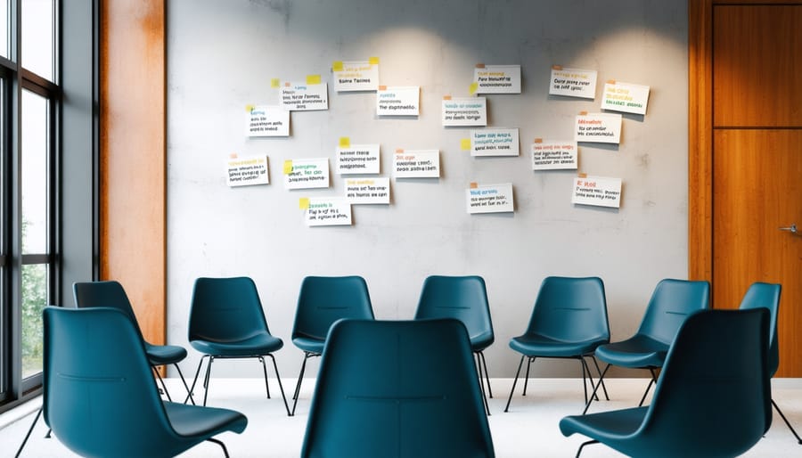 Support group meeting room with chairs arranged in circle and encouraging posters