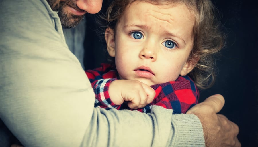 Parent kneeling at child's level, showing empathy while helping child manage emotions