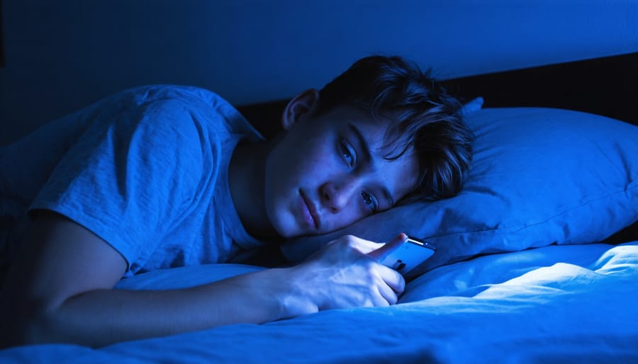 Young person using smartphone in dark bedroom with visible blue light emission