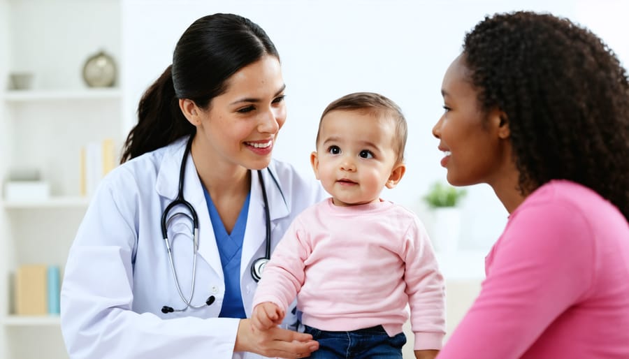 Medical professional leaning forward and maintaining eye contact while listening to a parent and child during consultation