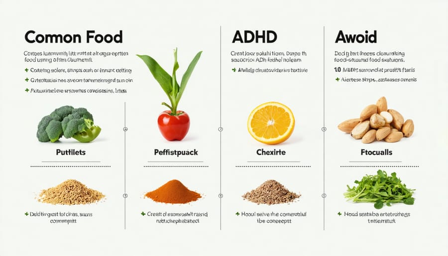 Visual guide displaying various foods grouped by their key micronutrient content for ADHD support