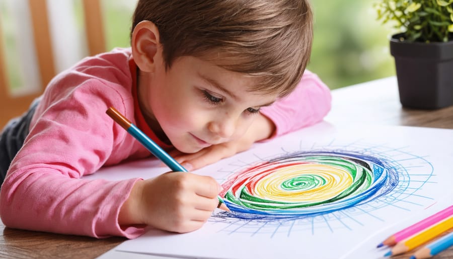 Young child drawing calming spiral patterns in art therapy session