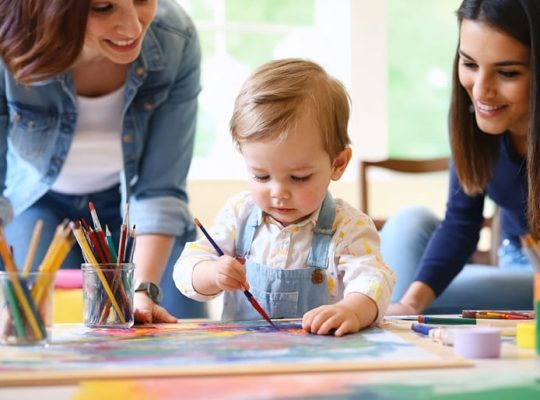 A child enthusiastically painting with vivid colors in the presence of a supportive art therapist, exemplifying the healing power of art therapy in enhancing mental well-being.