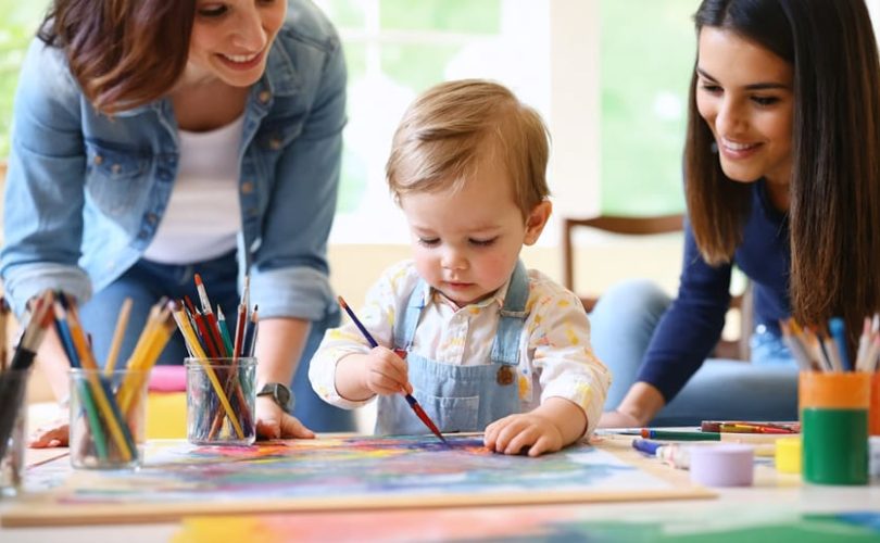 A child enthusiastically painting with vivid colors in the presence of a supportive art therapist, exemplifying the healing power of art therapy in enhancing mental well-being.