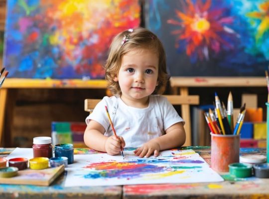 A child actively engaged in art therapy, painting with bright colors and using diverse art materials, demonstrating emotional expression and developmental growth through creative activities.