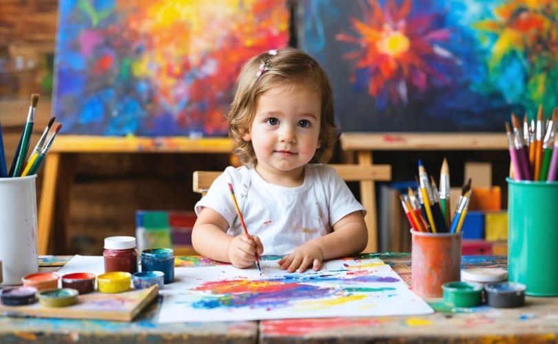 A child actively engaged in art therapy, painting with bright colors and using diverse art materials, demonstrating emotional expression and developmental growth through creative activities.