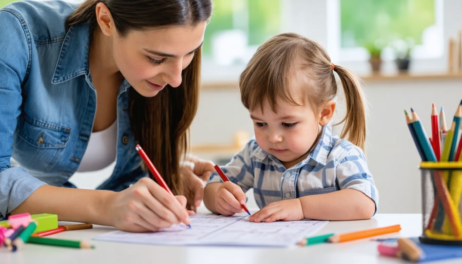 Parent and child working together on a puzzle while smiling and discussing