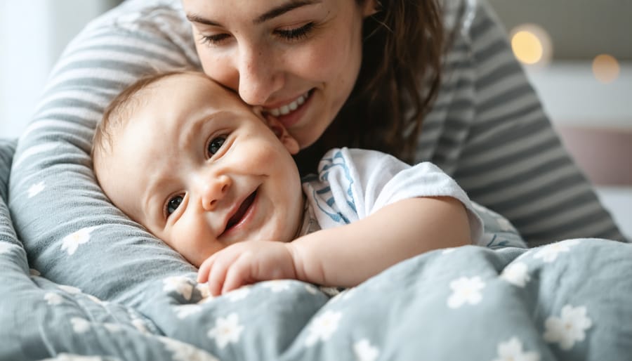 Parent reading bedtime story to baby in rocking chair with soft lighting