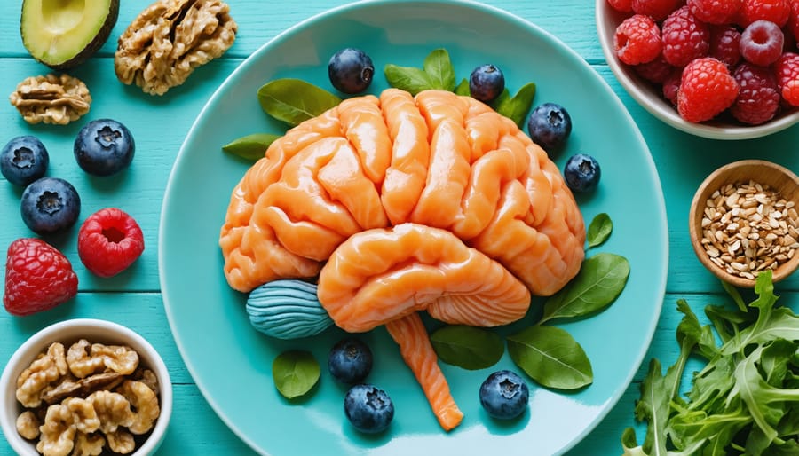 Balanced meal featuring omega-3 rich salmon, nuts, colorful berries, and fresh vegetables