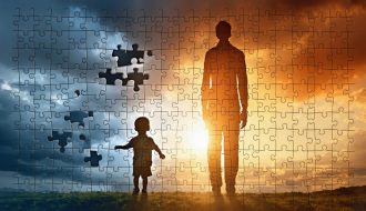 A conceptual illustration of a child's silhouette merging into an adult with floating puzzle pieces depicting emotional transformation and healing from childhood trauma.