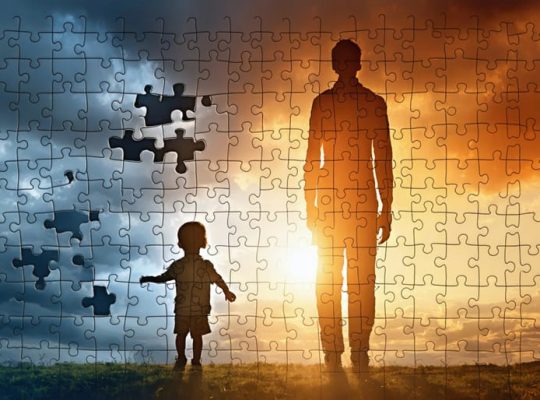 A conceptual illustration of a child's silhouette merging into an adult with floating puzzle pieces depicting emotional transformation and healing from childhood trauma.