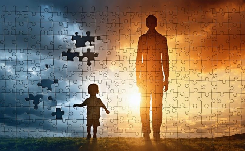 A conceptual illustration of a child's silhouette merging into an adult with floating puzzle pieces depicting emotional transformation and healing from childhood trauma.