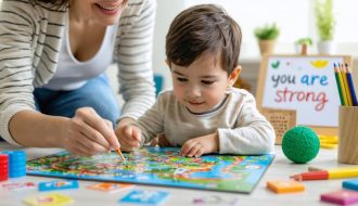 Parent and child engaged in a board game focused on developing resilience skills, surrounded by a nurturing and supportive environment.