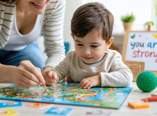 Parent and child engaged in a board game focused on developing resilience skills, surrounded by a nurturing and supportive environment.