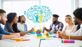 A diverse group of mental health professionals, including therapists, social workers, and counselors, collaborating at a table filled with symbols of community and family support, representing teamwork in children's mental health.